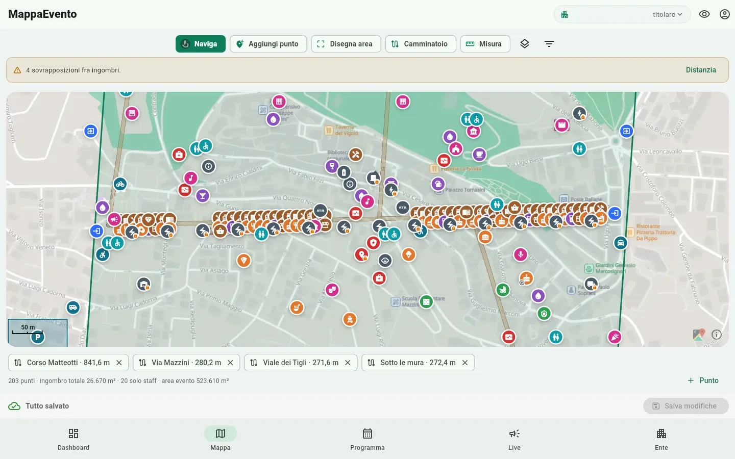 L’editor della mappa dal computer: l’area dell’evento con palchi, stand e servizi disegnati sulla cartografia