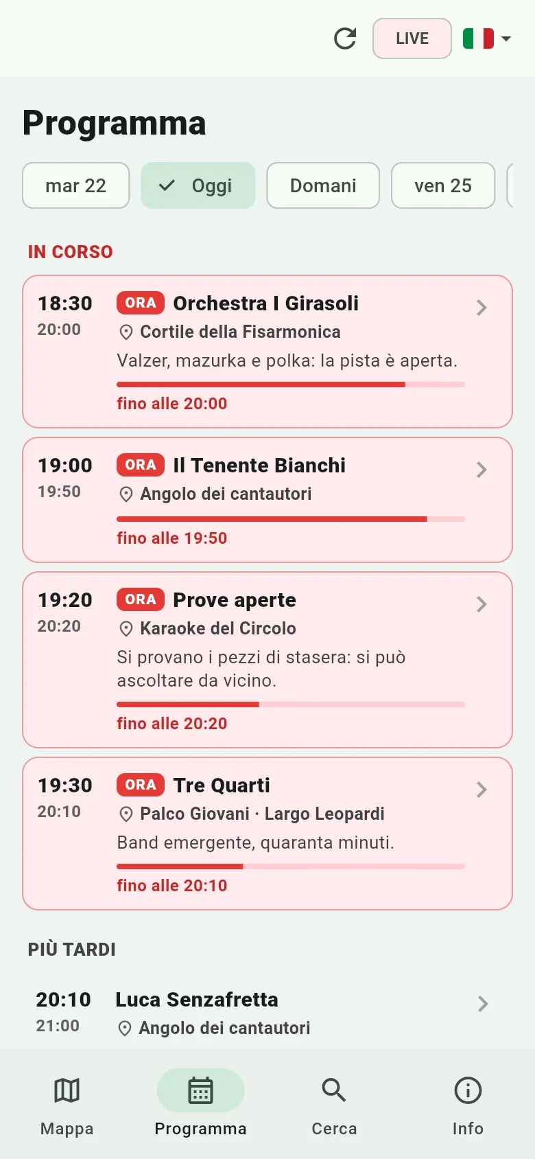 Il programma della serata sul telefono del visitatore